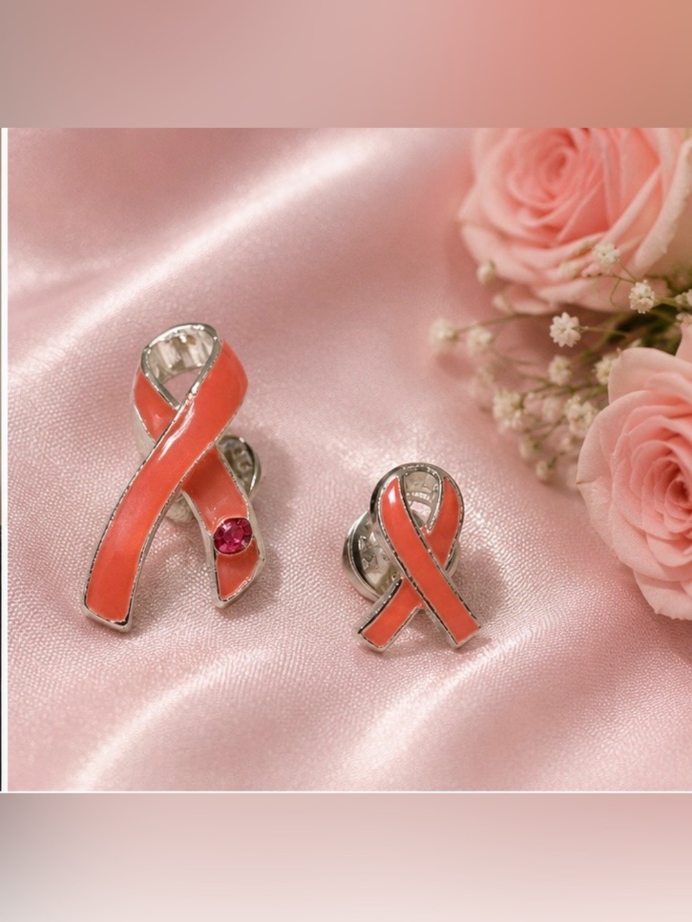 Breast Cancer Awareness Ribbon Pin Set | Pink Enamel & Crystal | Brooch Duo